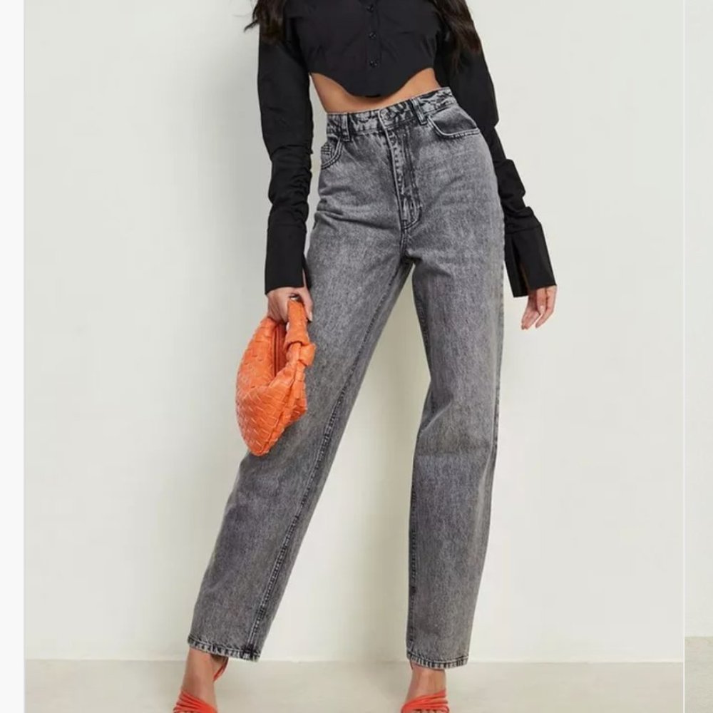 boohoo Acid Wash High Waist Straight Jeans | Size 10 Washed Black